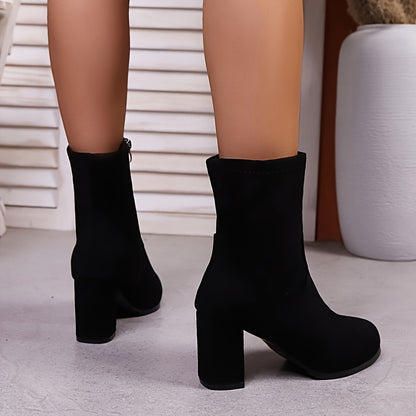 Women'S Chunky Heel Ankle Boots with Side Zipper - Pointed Toe Thick Heel Fabric Upper & Rubber Sole, Solid Color Versatile Booties for Casual & Formal Outfits, Easy On/Off Comfortable High Heel Boots, Formal Footwear, Sleek Boot Design, Durable Traction Footwear, Office Wear, Quality Construction, Stylish Ladies
