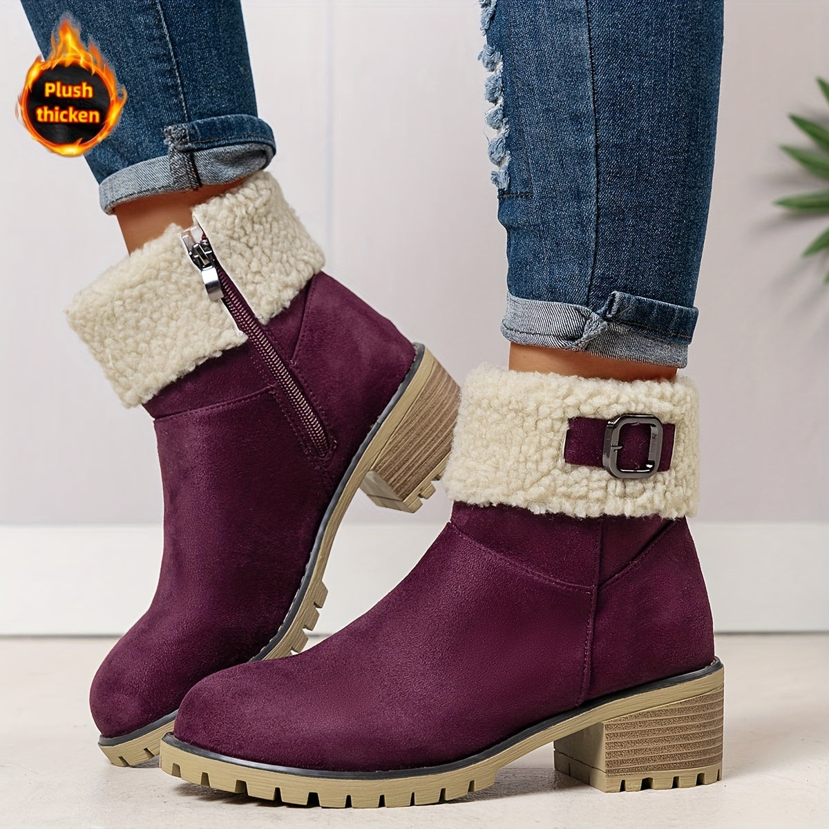 MZMQS Women'S Cozy Fleece-Lined Chunky Heel Ankle Boots - Round Toe Zipper Closure, Thick Warm Winter Boots with Thick Sole for Casual Outings, Brown, Winter Footwear | Chunky Heel Boots | Zipper Closure Boots