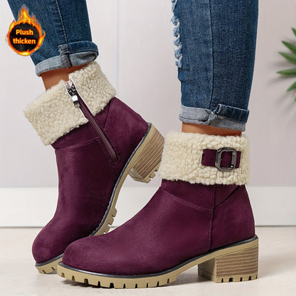 MZMQS Women'S Cozy Fleece-Lined Chunky Heel Ankle Boots - Round Toe Zipper Closure, Thick Warm Winter Boots with Thick Sole for Casual Outings, Brown, Winter Footwear | Chunky Heel Boots | Zipper Closure Boots