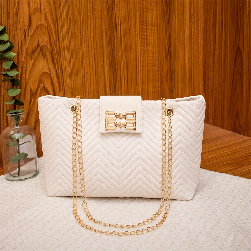 Lightweight PU Elegant White Shoulder Bag with Quilted Pattern, Detachable Chain Strap, Magnetic Closure, Polyester Lined, Hand Washable - Versatile Daily Carry Cosmetic Bag