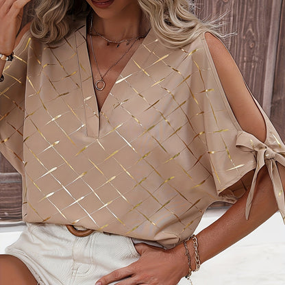 Chic V-Neck Plaid Blouse with Shoulder Cut-Outs