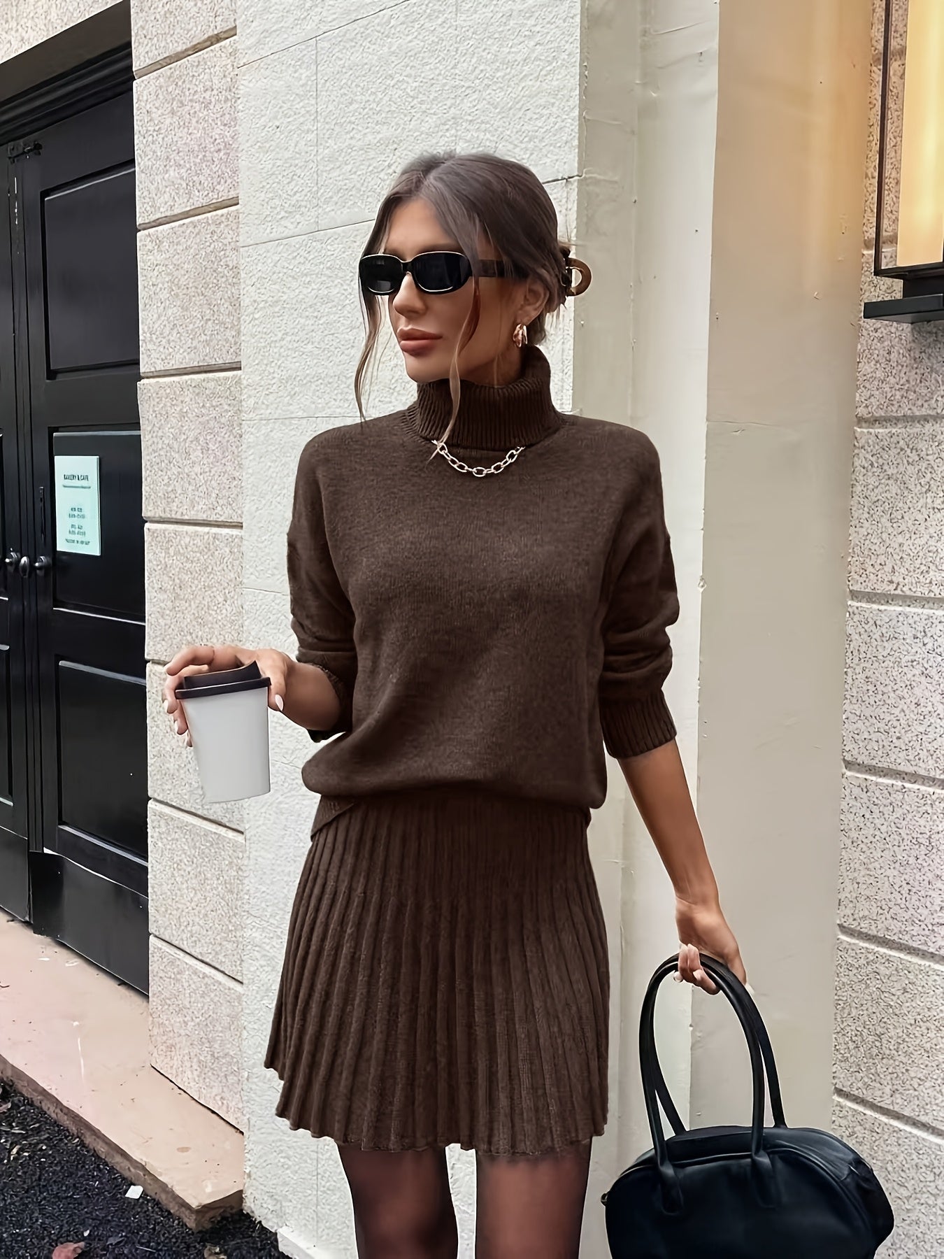 Women'S Two-Piece Set, High Neck Top + Pleated Skirt Outfit, Perfect for Fall, Stylish Outfit, Chic Outfit, Trendy Outfit, Cozy Outfit, Comfortable Outfit, Casual Outfit, Casual Wear, Fall Fashion, High Neck Top, Pleated Skirt, Matching Set