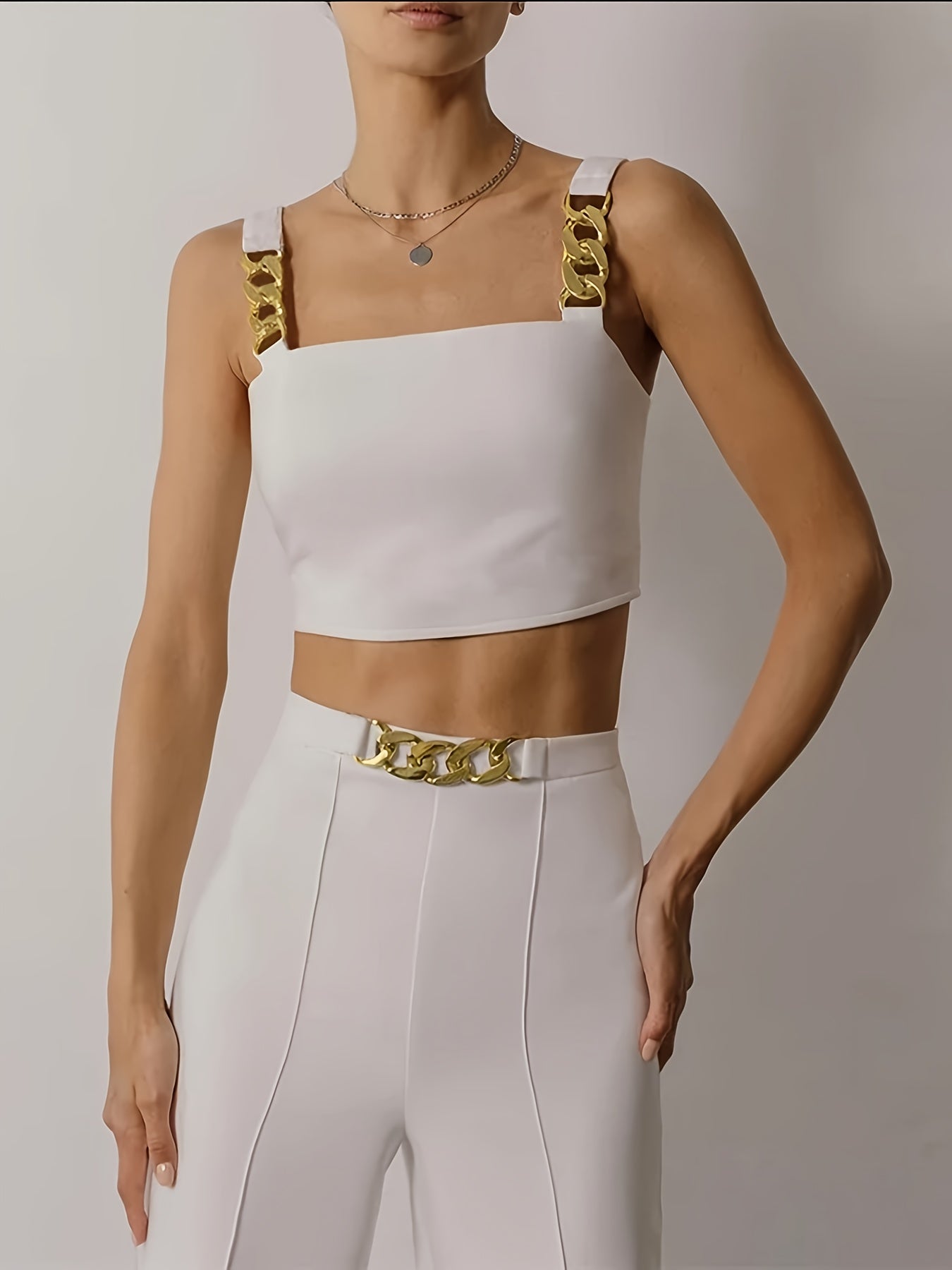 Women'S Elegant Black Two-Piece Wear Set - Crop Top with Golden Chain Straps & High-Waisted Pants, Urban Style, All-Season Comfort, Wear|Chain Accent Top|Comfortable Fit