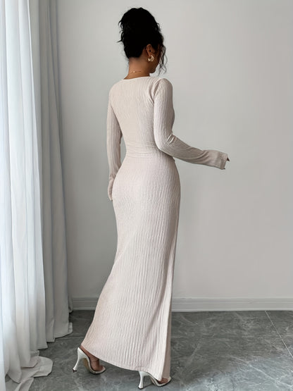 Women's Elegant Long Sleeve Mermaid Dress with Asymmetrical Neckline & Slit - Long Train Maxi Length, High-Low Hem, Brown (Formal Wedding Guest/Bridesmaid Gown) - Machine Washable Stretch -like Party Wedding Dress
