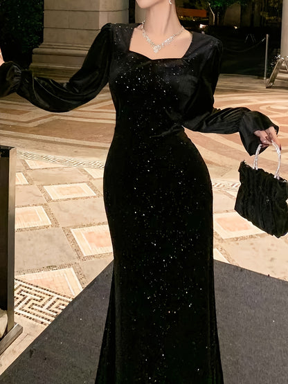 Vestido de Noite Elegante e Brilhante de Sereia Preto - Manga Longa, Decote Quadrado, Comprimento Total, Vestido Formal para Convidados de Casamento com Cauda, Zíper nas Costas e Saia Evasê, Lavável na Máquina para Festas e Formaturas