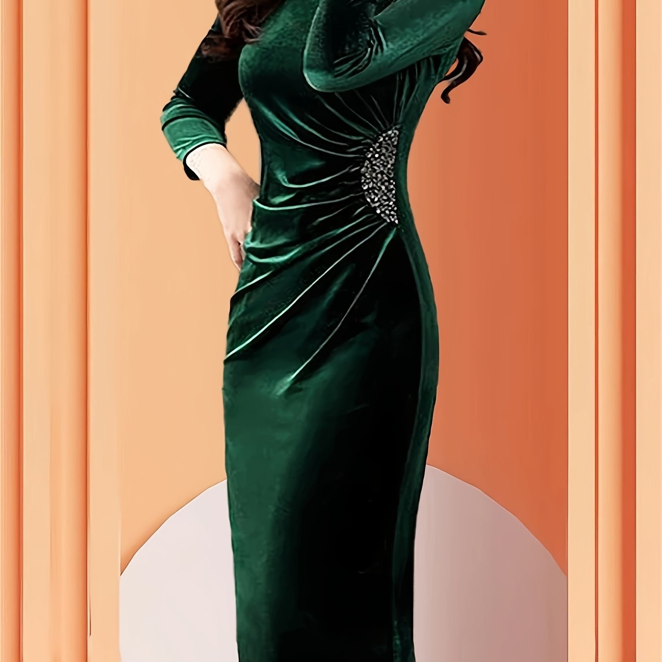 Elegant Velvet Bodycon Dress with Ruched Sleeves