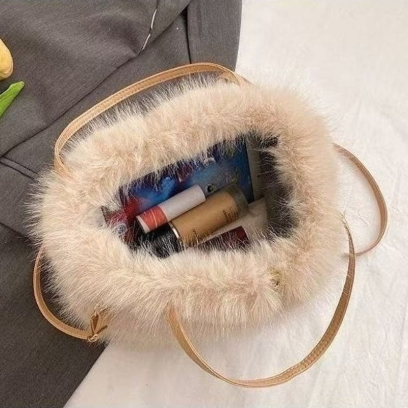 A Plush Women'S Shoulder Bag, a Stylish Autumn And Winter Hand-Held Bucket Crossbody Fur Bag, a Versatile Solid Color Faux Fox Fur Large Capacity Tote Bag, Available in Six Colors Suitable for Daily Commuting, Parties, Christmas, Thanksgiving, And Halloween.