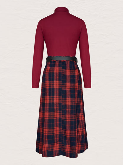 Elegant Warm Solid Color Stand Collar Slim Fit Long Sleeve Top and Plaid Print Slit Zipper Skirt with Belt Two-Piece Set for Women YT