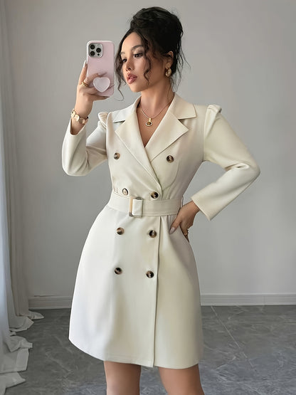 Vestido Social Feminino Elegante com Gola em A - Blazer e Saia de Cor Sólida para Outono/Inverno, Uso Profissional e Formal, Lavável na Máquina, Traje para Escritório, Casamento e Festas - Corte Sob Medida em Silhueta A, Sem Transparência, Código de Vestimenta