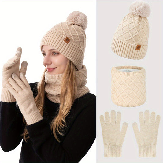 Conjunto de 3 peças para adolescentes: gorro, luvas e cachecol tricotados de inverno, proteção contra vento, touca sem aba, lenço quente, luvas touchscreen - ideal para encontros ao ar livre, festas e presentes de Natal