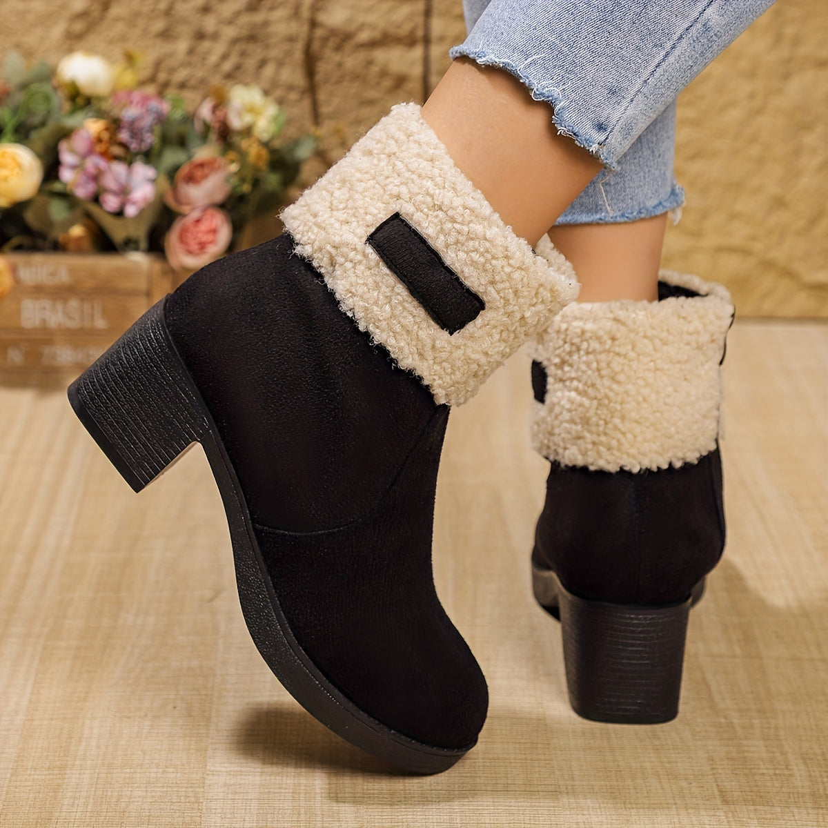 Women'S Elegant Western-Style Chunky Heel Ankle Boots with Side Zipper & Plush Faux Fur Lining - Thick Rubber Sole, Round Toe, Fabric Upper for Winter Comfort & Casual Outfits, Winter Footwear, Round Toe Boot, Durable Rubber Sole, Fabric Construction, Warm Lining, Fashion Women