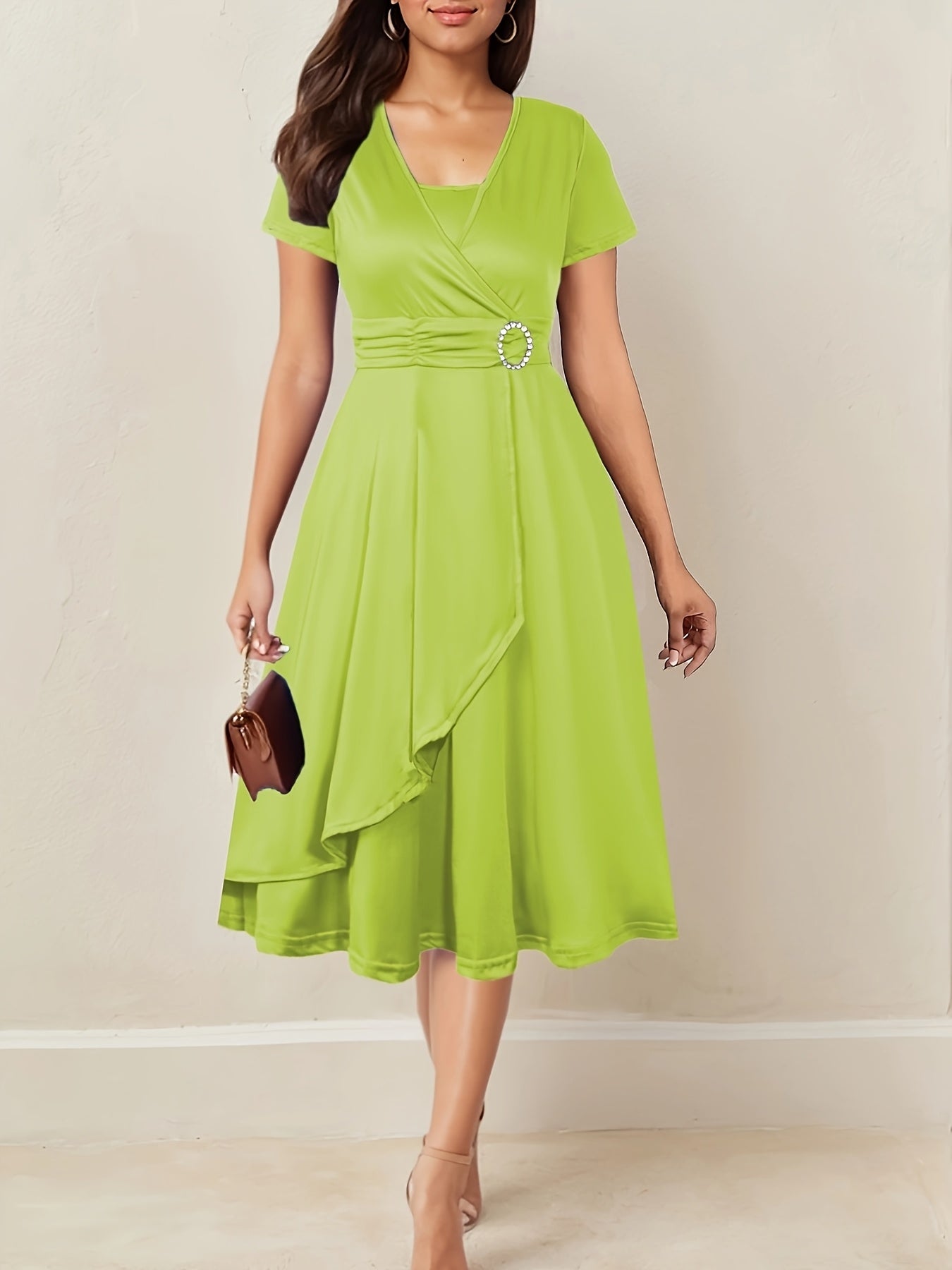 Vestido Elegante Feminino Justo com Decote em V e Cintura Assimétrica com Strass - Vestido de Festa Formal Lavável à Máquina para Banquetes, Casamentos, Galas - Vestido de Noite Versátil para Todas as Estações, Manga Comprida | Vestido Assimétrico | Elasticidade Média