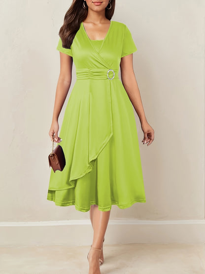 Vestido Elegante Feminino Justo com Decote em V e Cintura Assimétrica com Strass - Vestido de Festa Formal Lavável à Máquina para Banquetes, Casamentos, Galas - Vestido de Noite Versátil para Todas as Estações, Manga Comprida | Vestido Assimétrico | Elasticidade Média