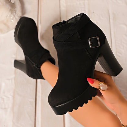 Spicy Black Buckle Chunky Heel Ankle Boots, The Party-Stealing Boots! Black Thick-Sole High Heels with Metal Buckle, Runs Small One Size