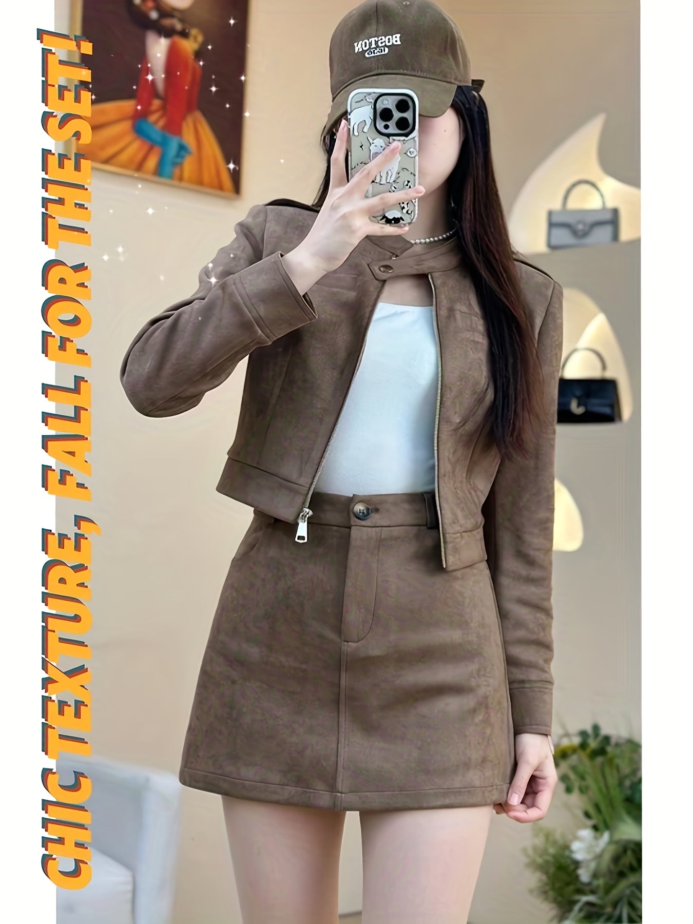 Brown Biker Style Women's Set: Short Zip-Up Jacket + High-Waisted A-Line Skirt with Zipper, Slimming Retro Two-Piece Outfit for Autumn/Winter
