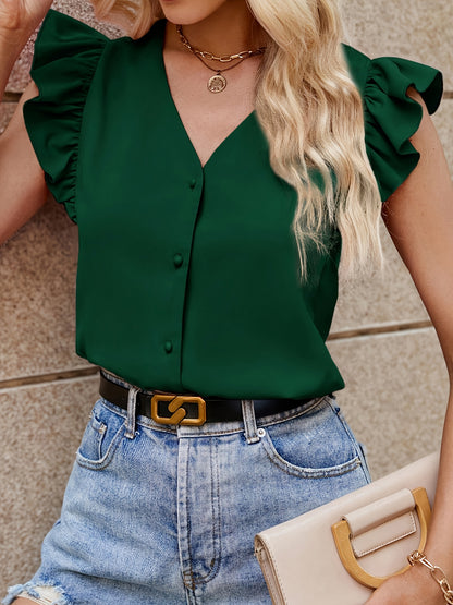 Elegant V-Neck Ruffle Sleeveless Blouse for Women - Chic Solid Green Button-Up Shirt, Perfect for Spring/Summer/Fall, Casual Yet Sophisticated Style