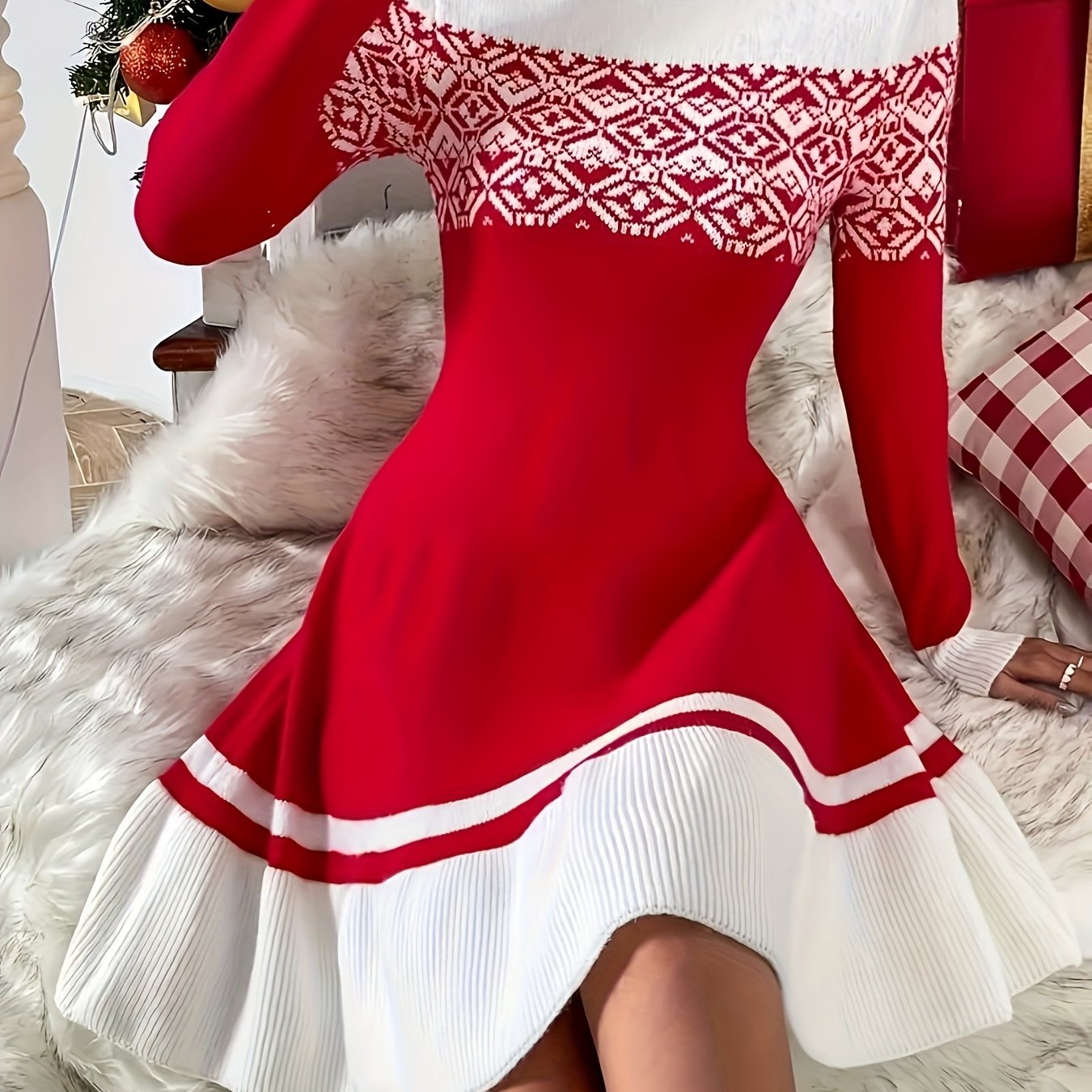 Elegant Winter Sweater Dress – Red Contrast Flared Hem Look