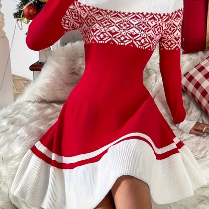 Elegant Winter Sweater Dress – Red Contrast Flared Hem Look