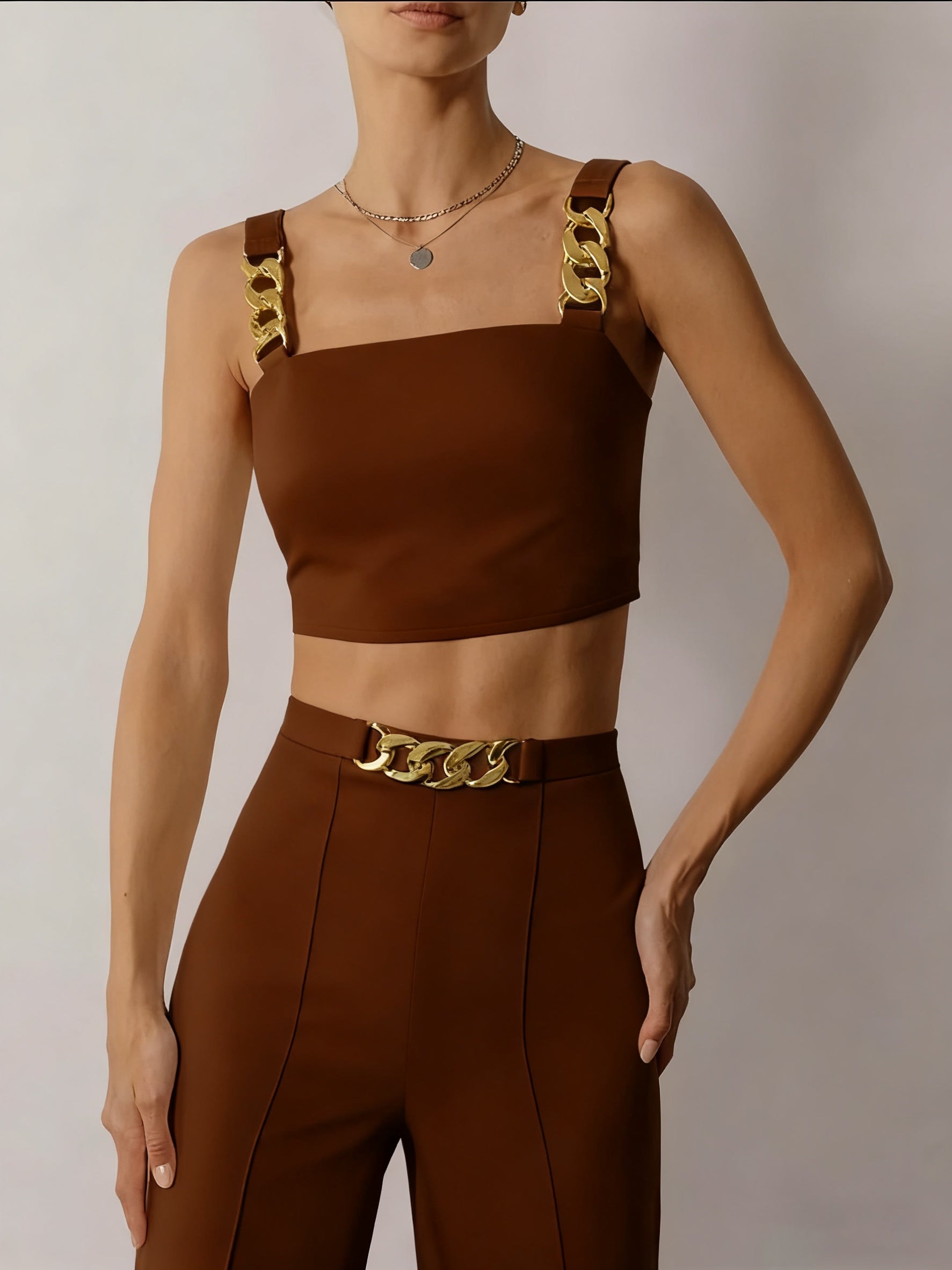 Women'S Elegant Black Two-Piece Wear Set - Crop Top with Golden Chain Straps & High-Waisted Pants, Urban Style, All-Season Comfort, Wear|Chain Accent Top|Comfortable Fit