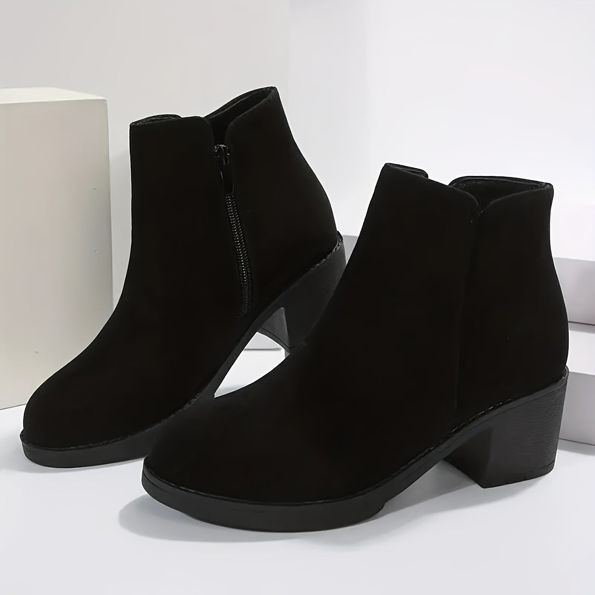 1pr Women's Solid Color Mid Heel Block Boots with Side Zipper, Plain Toe Fabric Upper, TPU Sole, All-Season Comfort Ankle Booties, Casual Footwear|Stylish Zipper Boots|Stable Block Heel