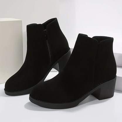 1pr Women's Solid Color Mid Heel Block Boots with Side Zipper, Plain Toe Fabric Upper, TPU Sole, All-Season Comfort Ankle Booties, Casual Footwear|Stylish Zipper Boots|Stable Block Heel