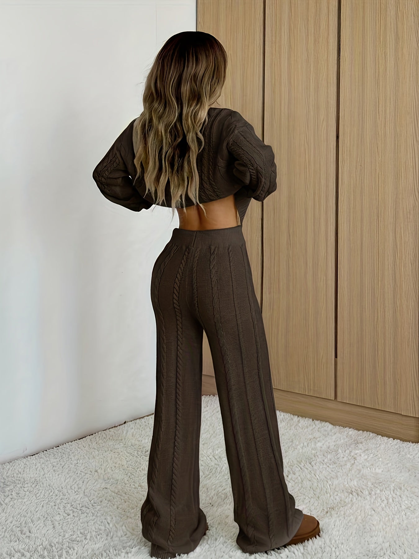 Women'S Casual Long Sleeve Crew Neck Top and Solid Color Pants Set - Cozy Fall/Winter Outfit, Brown, Perfect for Casual Attire, Casual Attire, |crew Neck Top|solid Color Pants, Ladies Tops And Pants Sets