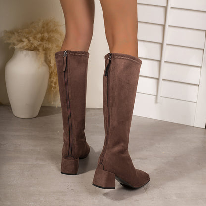 Women's Low Block Heel Chunky Round Toe Ankle Boots with Back Zipper - Elastic Slim-Fit Knee-High Booties, Black All-Season Casual & Dress Boots, Round-to-Pointed Tip (No Removal) for Jeans/Pants/Skirts