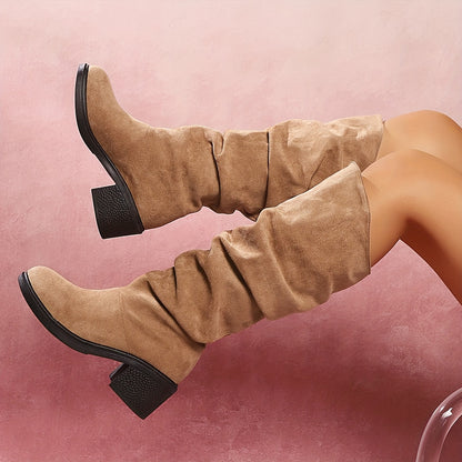 Women'S Chunky Heel Ankle Boots - Stylish Mid-Calf Black Boots with Ruffled Cuff, Slip-On Design, Fabric Upper & TPR Sole for All Seasons, Allseason Boots|Ruffled Cuff Boots|Fabric Upper Boots