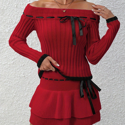 Elegant Off-Shoulder Skirt & Pullover Set with Bow Detail