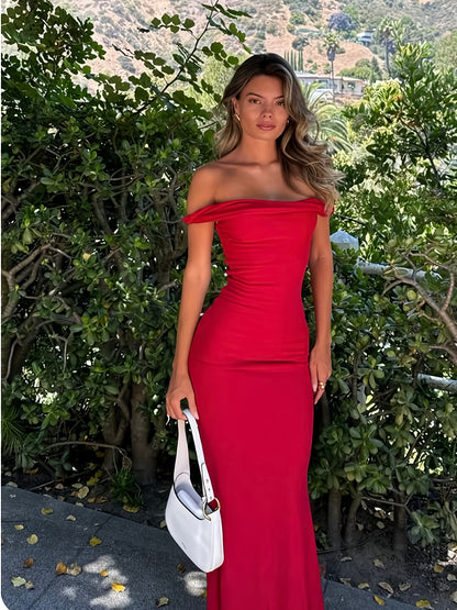 Elegant Off-Shoulder Red Maxi Dress for Women - Sleeveless, Knot Detail, Flowing Design, Perfect for Summer Events, Adult Fashion, Evening Wear|Elegant Offshoulder Style|Polyester Fabric