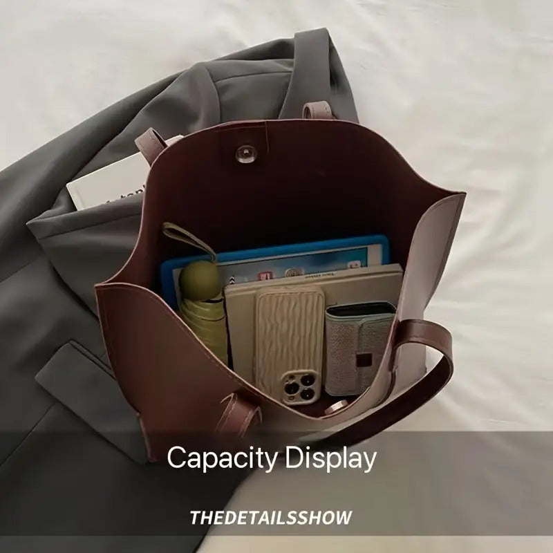 Women'S Large Capacity Tote - Elegant Minimalist Hand with Golden-Tone Hardware & Buckle Closure, Fixed Strap & Detachable Strap, Golden-Tone Hardware, Versatile For Work, Travel