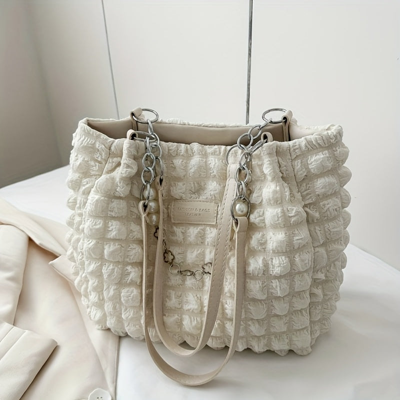 1pc Summer Sweet Clouds Tote Bag for Women - Large Capacity Shoulder Bag with Zipper Closure, Polyester Lining, 4 Colors (White/Pink/Green/Black), City Theme Design, Perfect for Commuting & Outings