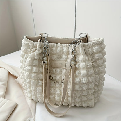 1pc Summer Sweet Clouds Tote Bag for Women - Large Capacity Shoulder Bag with Zipper Closure, Polyester Lining, 4 Colors (White/Pink/Green/Black), City Theme Design, Perfect for Commuting & Outings