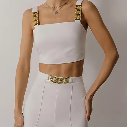 Elegant Black Two-Piece Set with Golden Chain Straps