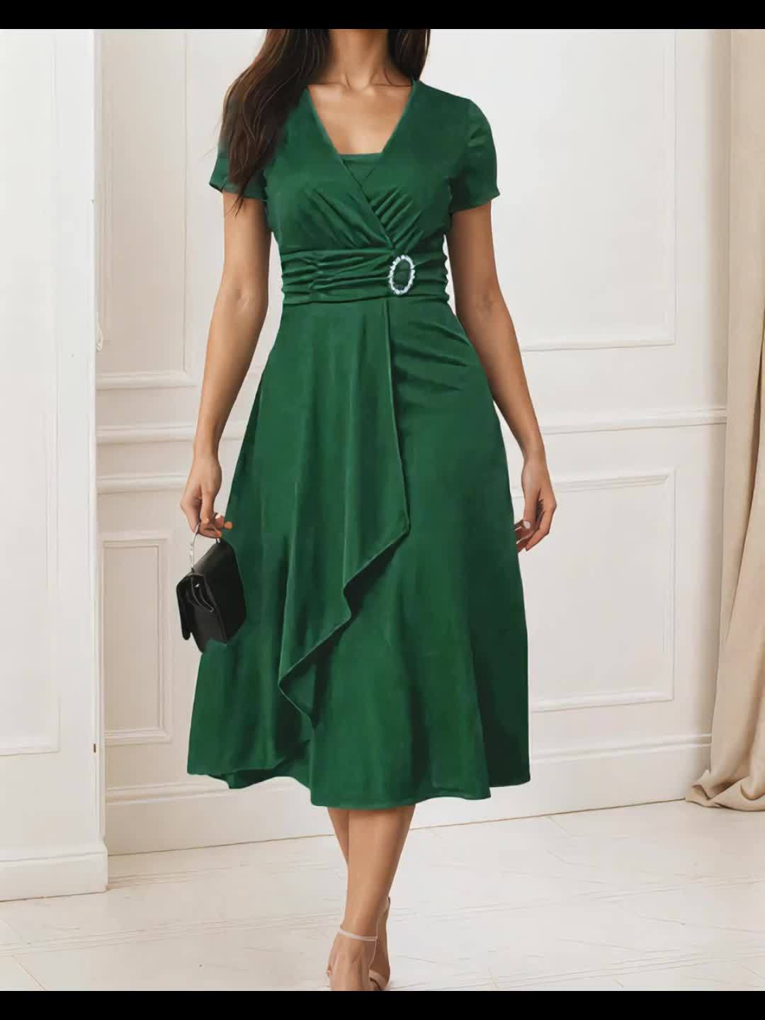 Vestido Elegante Feminino Justo com Decote em V e Cintura Assimétrica com Strass - Vestido de Festa Formal Lavável à Máquina para Banquetes, Casamentos, Galas - Vestido de Noite Versátil para Todas as Estações, Manga Comprida | Vestido Assimétrico | Elasticidade Média