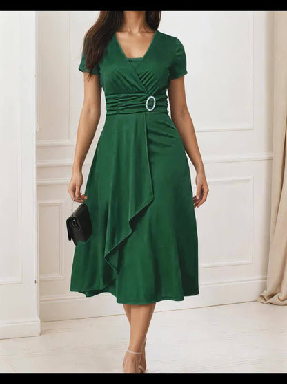 Vestido Elegante Feminino Justo com Decote em V e Cintura Assimétrica com Strass - Vestido de Festa Formal Lavável à Máquina para Banquetes, Casamentos, Galas - Vestido de Noite Versátil para Todas as Estações, Manga Comprida | Vestido Assimétrico | Elasticidade Média