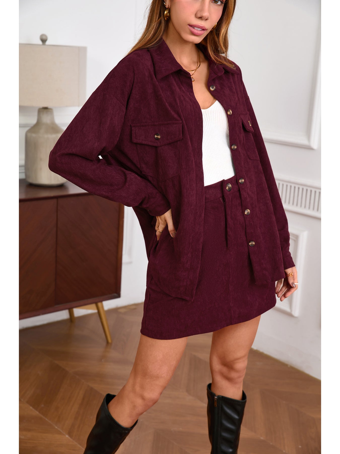 Women'S Elegant Maroon Button-Up Jacket & Skirt Set - Long Sleeve, Non-Stretch Fabric, Solid Color, Versatile Fall/Winter Outfit with Ankle Boots and Quilted Design, Casual to Formal Wear, Casual Attire|Quilted Skirt|Buttonup Jacket