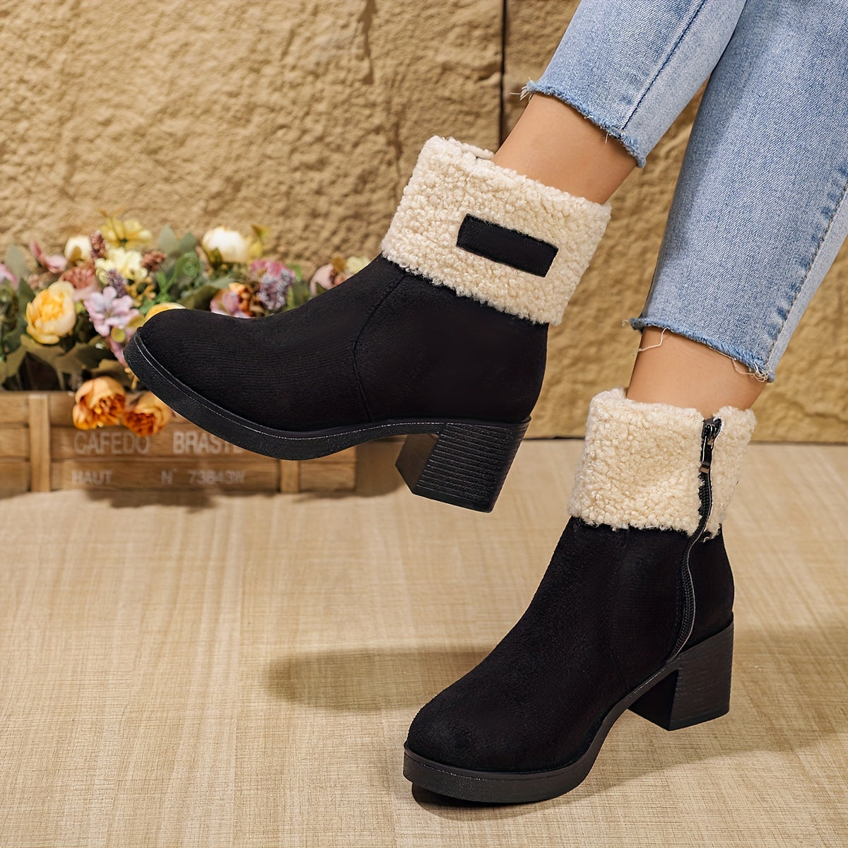 Women'S Elegant Western-Style Chunky Heel Ankle Boots with Side Zipper & Plush Faux Fur Lining - Thick Rubber Sole, Round Toe, Fabric Upper for Winter Comfort & Casual Outfits, Winter Footwear, Round Toe Boot, Durable Rubber Sole, Fabric Construction, Warm Lining, Fashion Women
