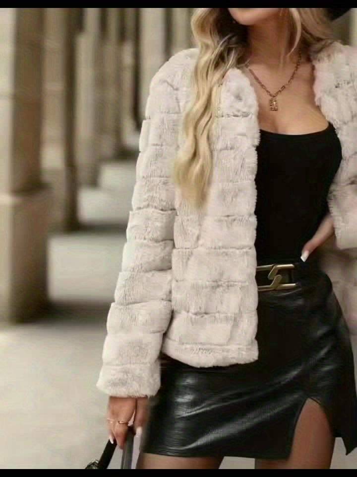 Women'S Plush Fleece Coat - Winter Warmth Long Sleeve Short Jacket, Soft Plush Lining & Cozy Fleece Lining, Elegant Solid Color Casual Outerwear for Everyday & Formal