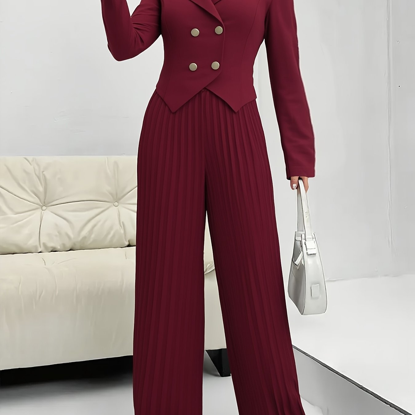 Elegant Solid Color Blazer & Wide-Leg Pants Set