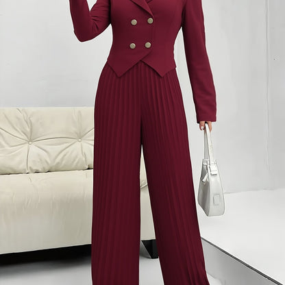 Elegant Solid Color Blazer & Wide-Leg Pants Set