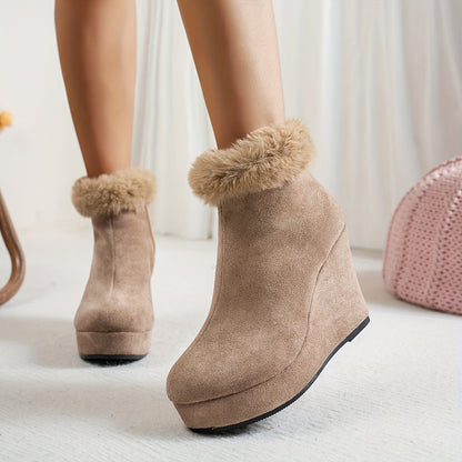 Women'S Winter Ankle Boots with Plush Lining - Cozy Fleece-Lined Round Toe Mid-Heel Zipper Closure, Soft Fabric Upper & Rubber Sole