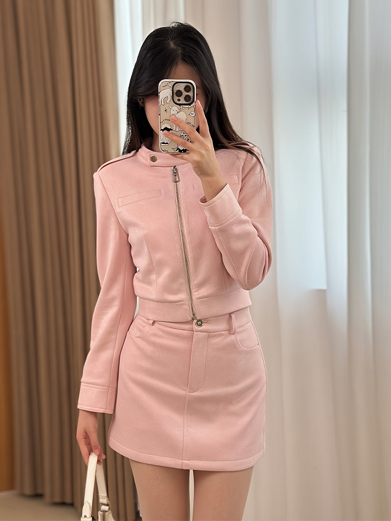 Brown Biker Style Women's Set: Short Zip-Up Jacket + High-Waisted A-Line Skirt with Zipper, Slimming Retro Two-Piece Outfit for Autumn/Winter