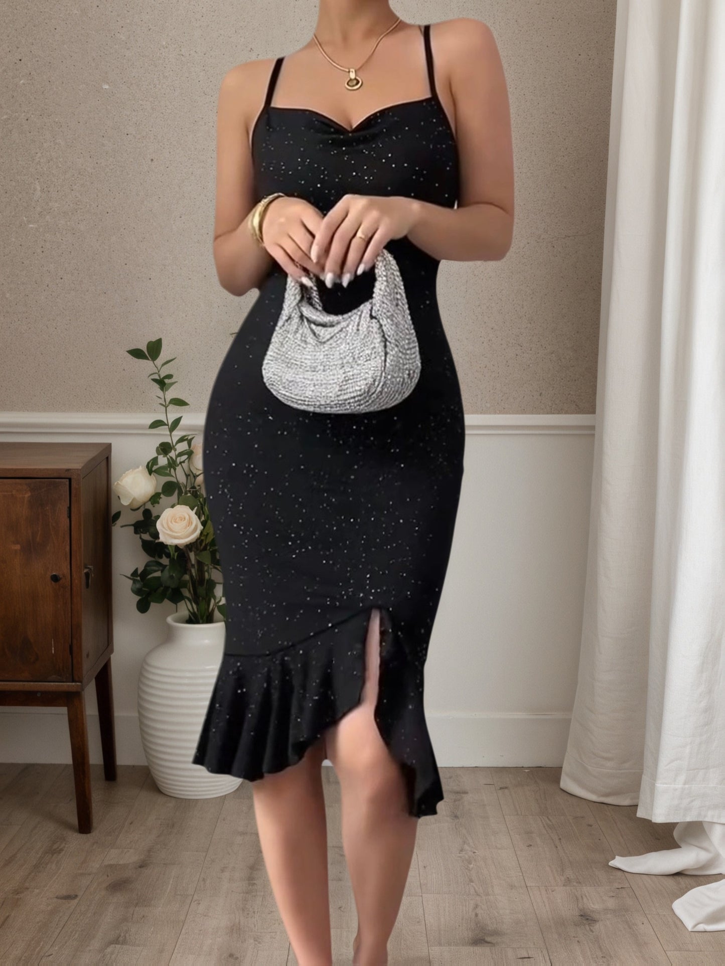 Sequined Halter Top Sequin Dress | Waist-Cinching, Ruffled Slit, Hip-Hugging, Asymmetrical Hem, Bodycon Silhouette, Sleeveless, Midi Length for Spring/Summer