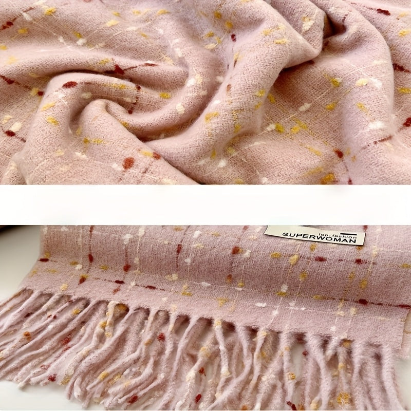 1 Peça Cachecol de Inverno para Mulheres com Forro de Fleece - Xale Grosso Xadrez com Franjas, Tassel Marrom e Bordô, Colar Macio e Quente para Clima Frio, Presente de Natal (Não Elástico, Estilo Europeu) - Bordô/Marrom/Branco