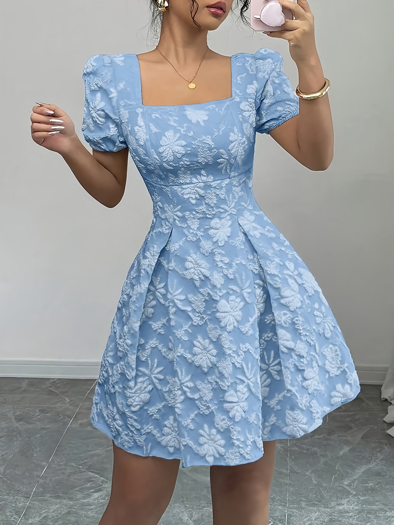 Elegant Floral A-Line Dress – Puff Sleeves & All-Season Chic