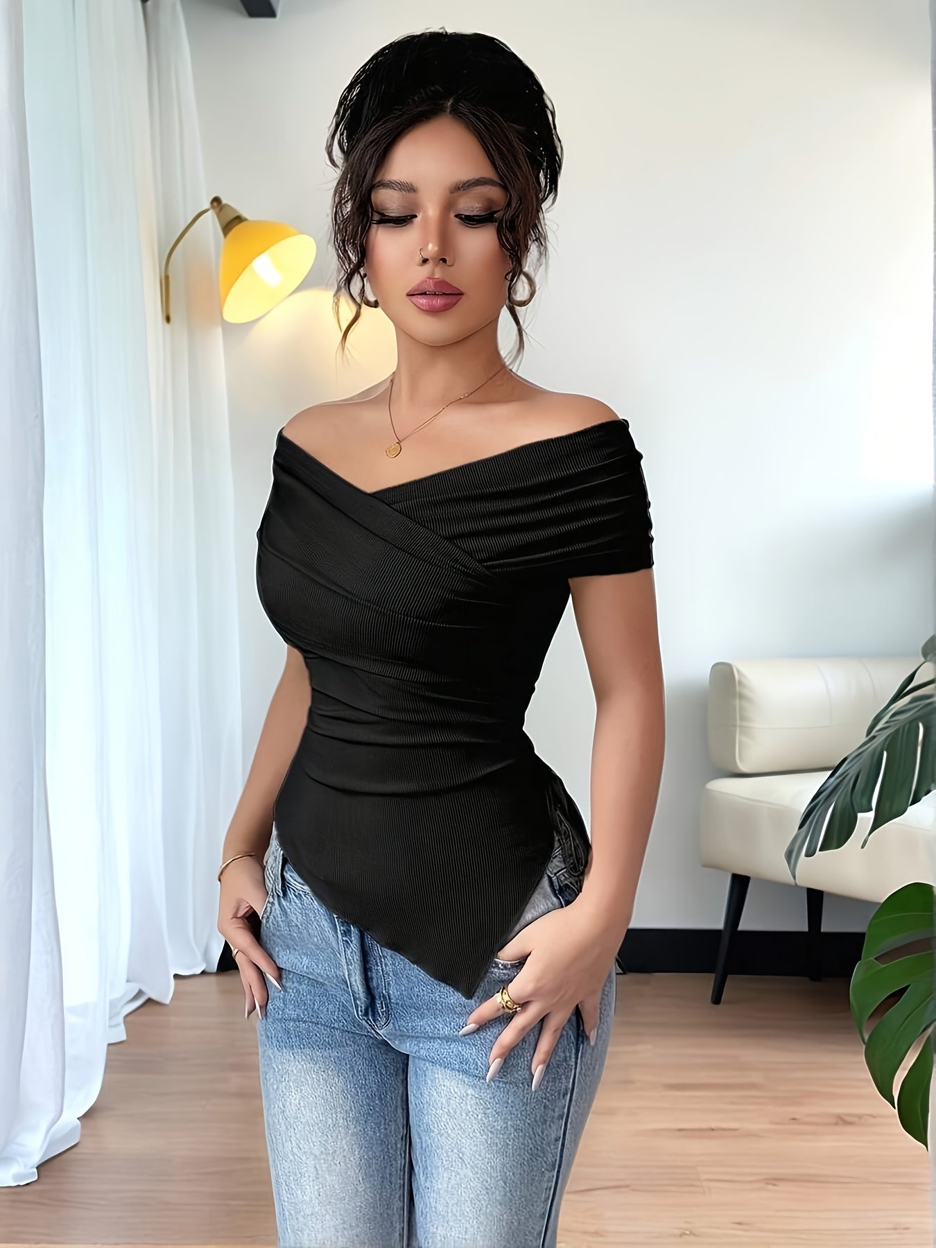 Women's Y2K Asymmetrical Hem Off-Shoulder Top - Slim Fit Fitted Blouse with Deep & Square Neckline, Machine Washable All-Season Tunic for Casual to Formal Outfits (Solid Black) - Versatile Everyday & Special Occasion Blouse with Asymmetrical Hemline & Fitted Silhouette, Chic Y2K Style for Layering or Standalone Wear, Womens Tops And Blouses, Womens Tops, Ladies Tops And Blouses, Ladies Tops, Trending Clothes For Women, Women Tops, Summer Tops For Women