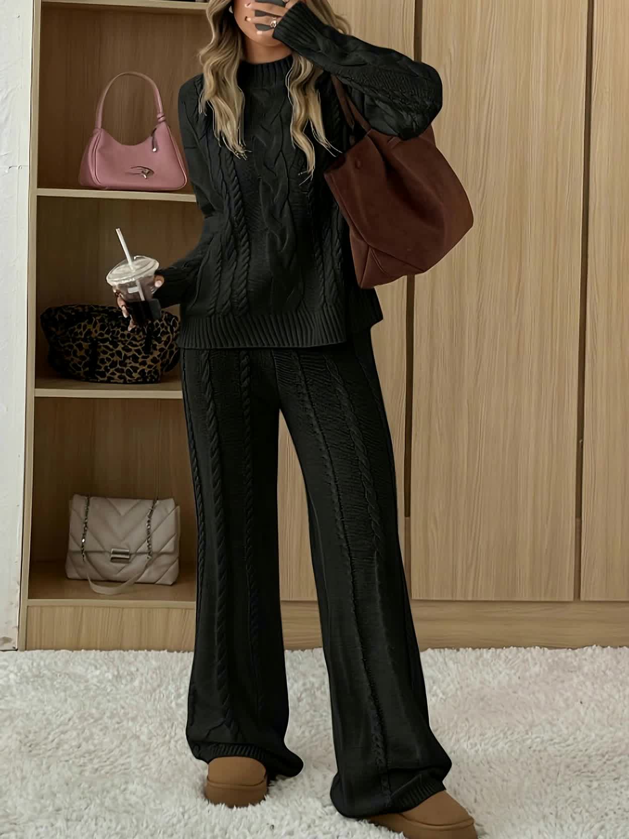 Women'S Casual Long Sleeve Crew Neck Top and Solid Color Pants Set - Cozy Fall/Winter Outfit, Brown, Perfect for Casual Attire, Casual Attire, |crew Neck Top|solid Color Pants, Ladies Tops And Pants Sets