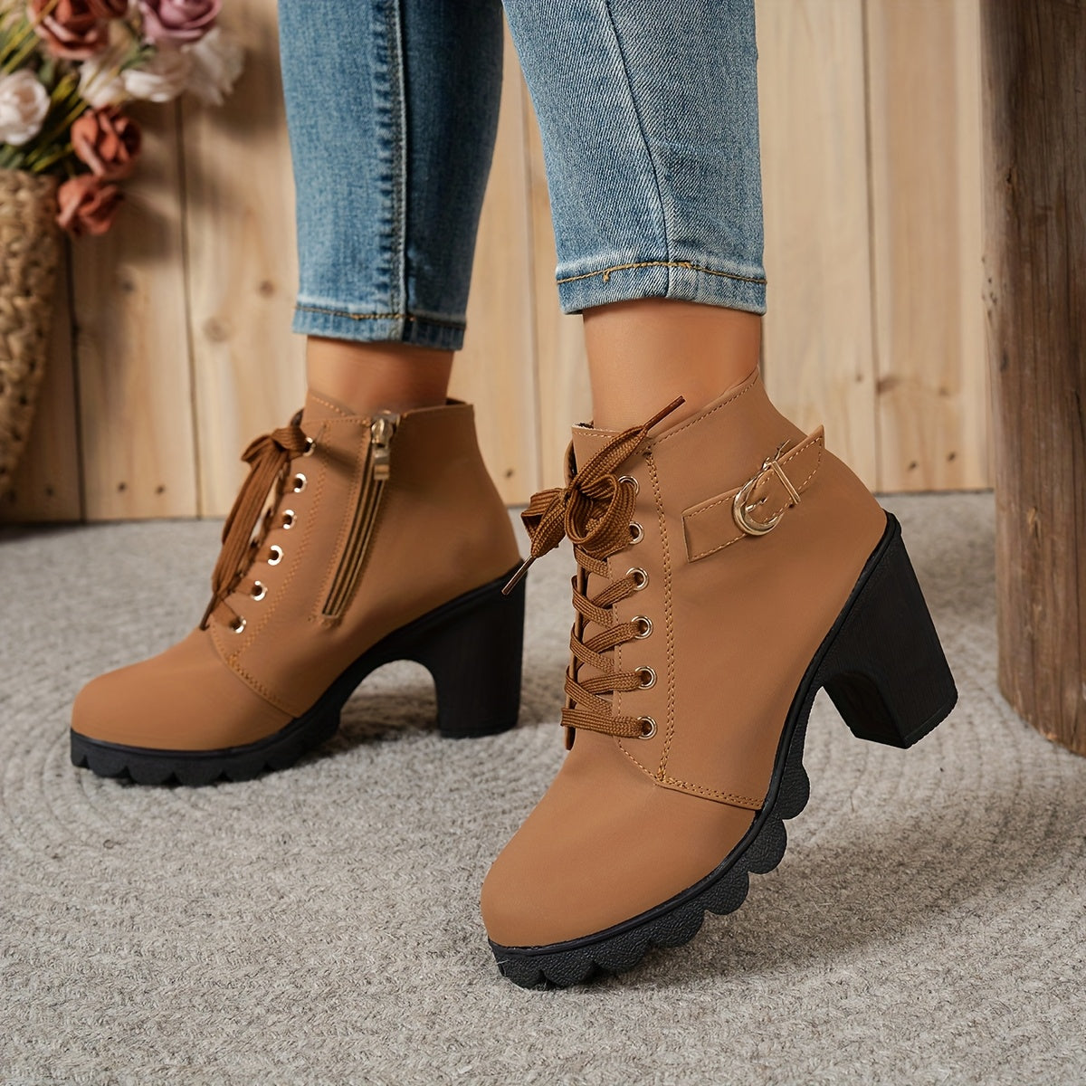 Women's Chunky Platform Ankle Boots - Side Zipper & Lace-Up Closure, Round Toe Boots with Non-Slip Rubber Sole - All-Season Cushioned Interior - Synthetic Cover Shoes in Black, Brown, Navy Green, Burgundy, Blue, Grey - for Casual, Formal, Everyday