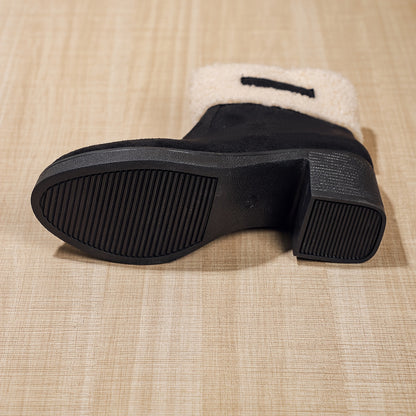 Women'S Elegant Western-Style Chunky Heel Ankle Boots with Side Zipper & Plush Faux Fur Lining - Thick Rubber Sole, Round Toe, Fabric Upper for Winter Comfort & Casual Outfits, Winter Footwear, Round Toe Boot, Durable Rubber Sole, Fabric Construction, Warm Lining, Fashion Women